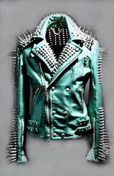 Venom Grove Women’s Forest Green Punk Jacket with Bullet Spikes, Stud Crown & Hybrid Closure